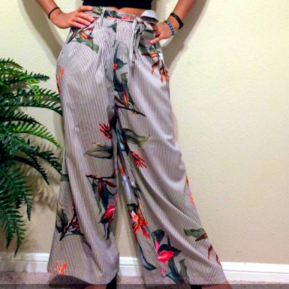 Zaful Pants - ZAFUL  Brown Striped Floral Wide Leg Pants
